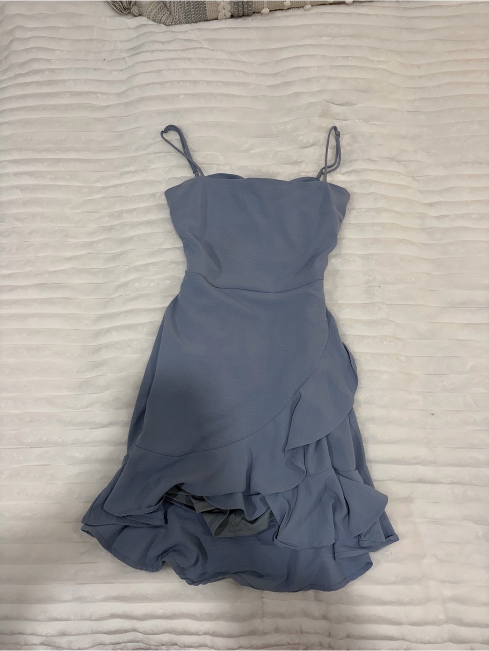 Smoky Blue Ruffle Midi Dress with Spaghetti Straps